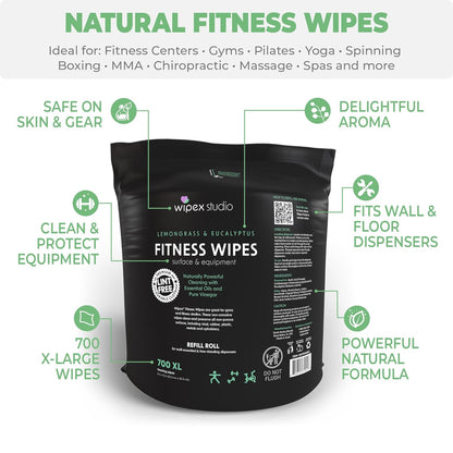 Gym Wipes Dispenser Refill, 1400 Count (2 Rolls x 700), Premium Thick Gym Equipment Wipes, Lemongrass Scent, 8” x 12” Fitness Cleaning Wipes