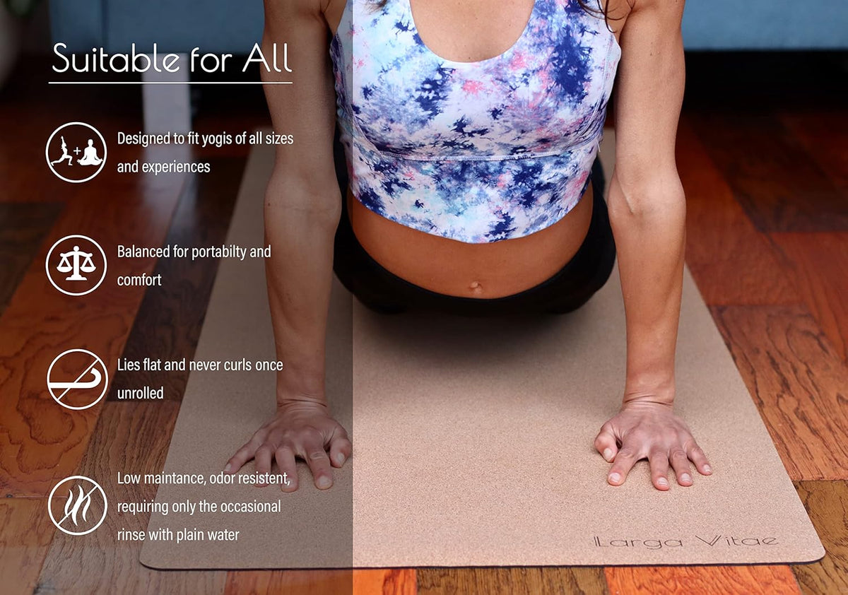 Cork & Natural Rubber Yoga Mat | Non-Slip Hot Yoga Mat | Non-Toxic, TPE-Free, PVC-Free | Eco-Friendly, Sustainable | 72” x 24” x 3mm | Cotton Hemp Strap Included