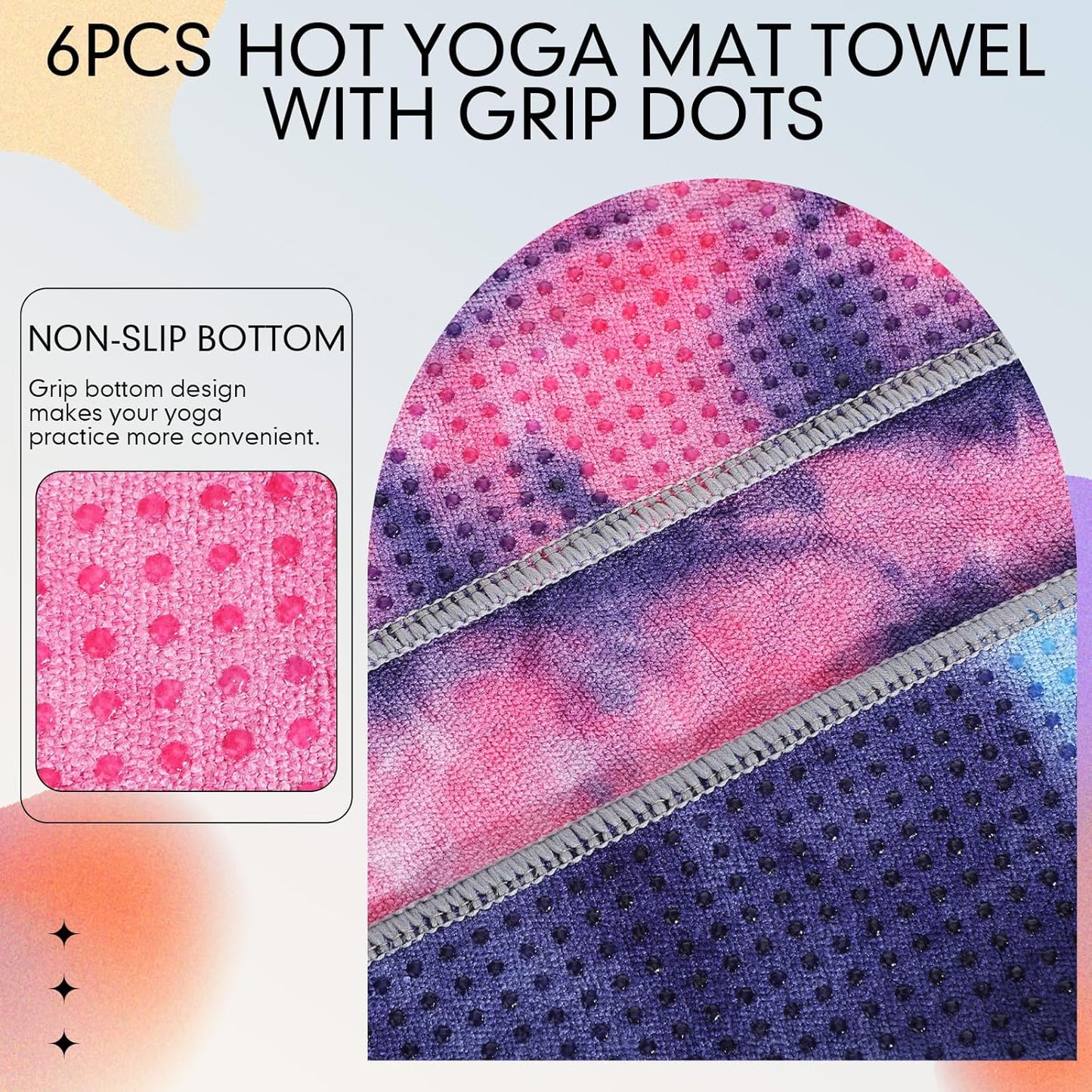6 Pcs Yoga Towels with Grip Dots 72 x 25 Inch Non Slip Hot Yoga Mat Towel Microfiber Soft Sweat Absorbent Blanket for Gym Pilates Workout Fitness, 6 Tie Dye Colors