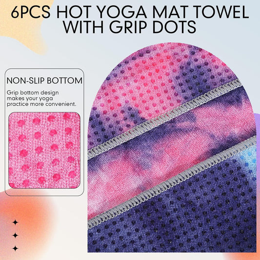 6 Pcs Yoga Towels with Grip Dots 72 x 25 Inch Non Slip Hot Yoga Mat Towel Microfiber Soft Sweat Absorbent Blanket for Gym Pilates Workout Fitness, 6 Tie Dye Colors