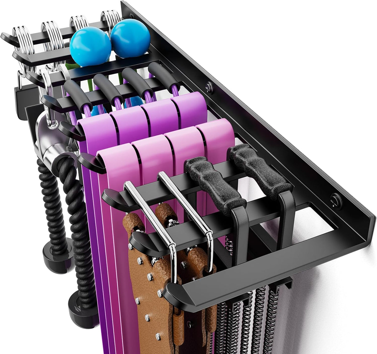 Wall Mounted Home Gym Equipment Storage Rack, Cable Attachments, Lifting Belts, Jump Ropes and Chains