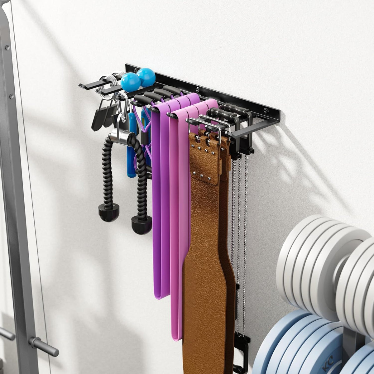 Wall Mounted Home Gym Equipment Storage Rack, Cable Attachments, Lifting Belts, Jump Ropes and Chains