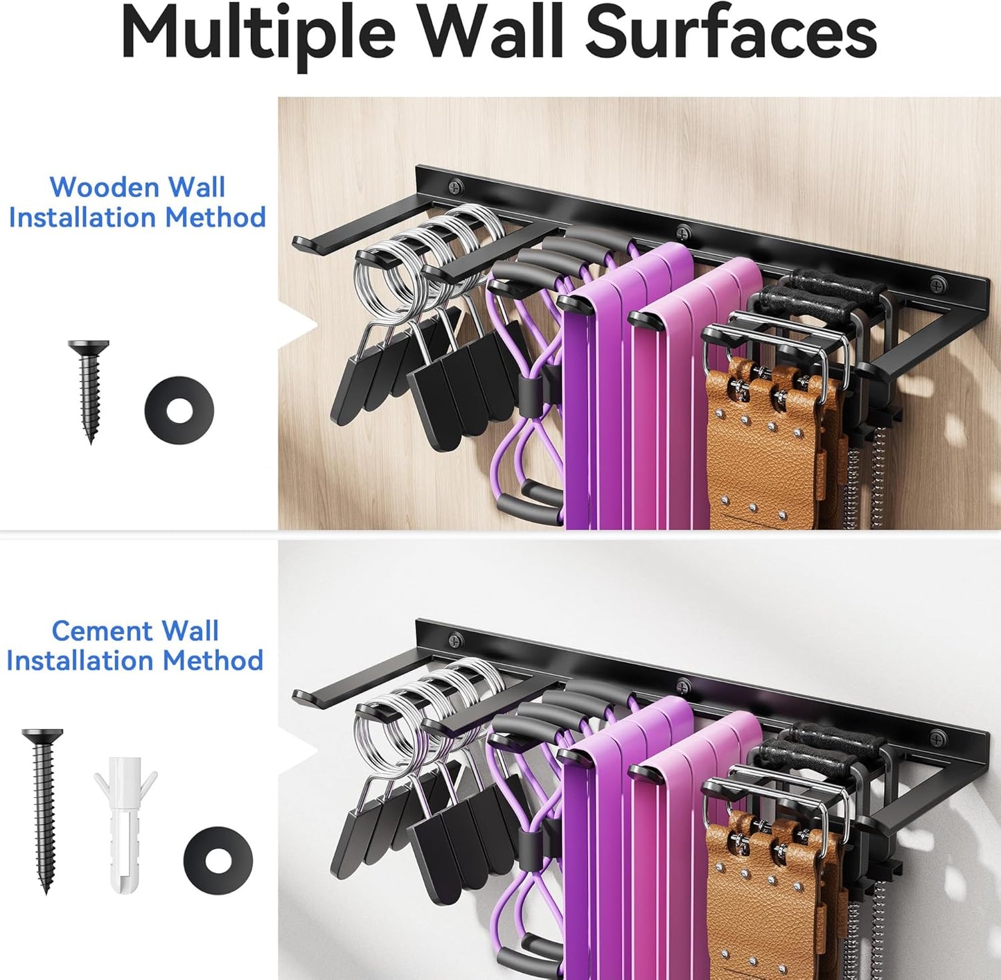 Wall Mounted Home Gym Equipment Storage Rack, Cable Attachments, Lifting Belts, Jump Ropes and Chains