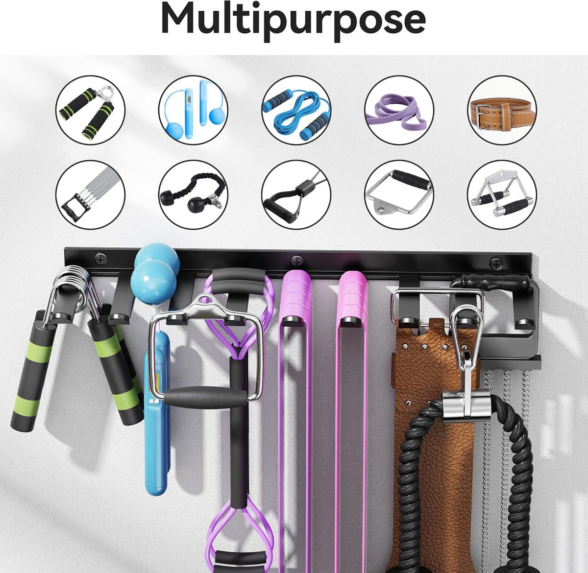 Wall Mounted Home Gym Equipment Storage Rack, Cable Attachments, Lifting Belts, Jump Ropes and Chains