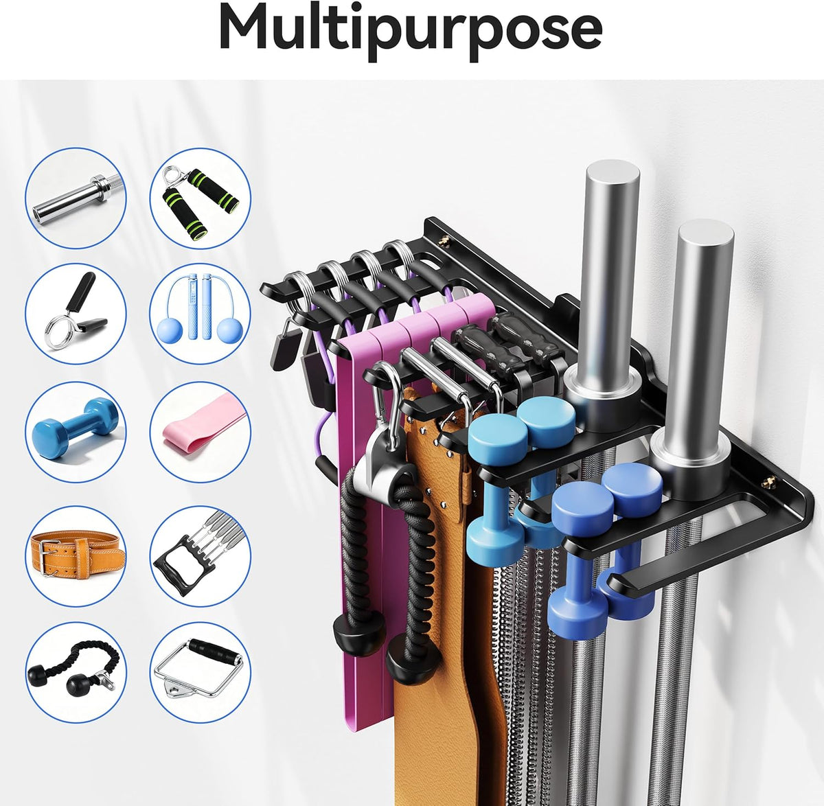 Wall Mounted Home Gym Equipment Storage Rack, Cable Attachments, Lifting Belts, Jump Ropes and Chains
