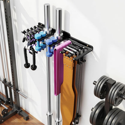 Wall Mounted Home Gym Equipment Storage Rack, Cable Attachments, Lifting Belts, Jump Ropes and Chains