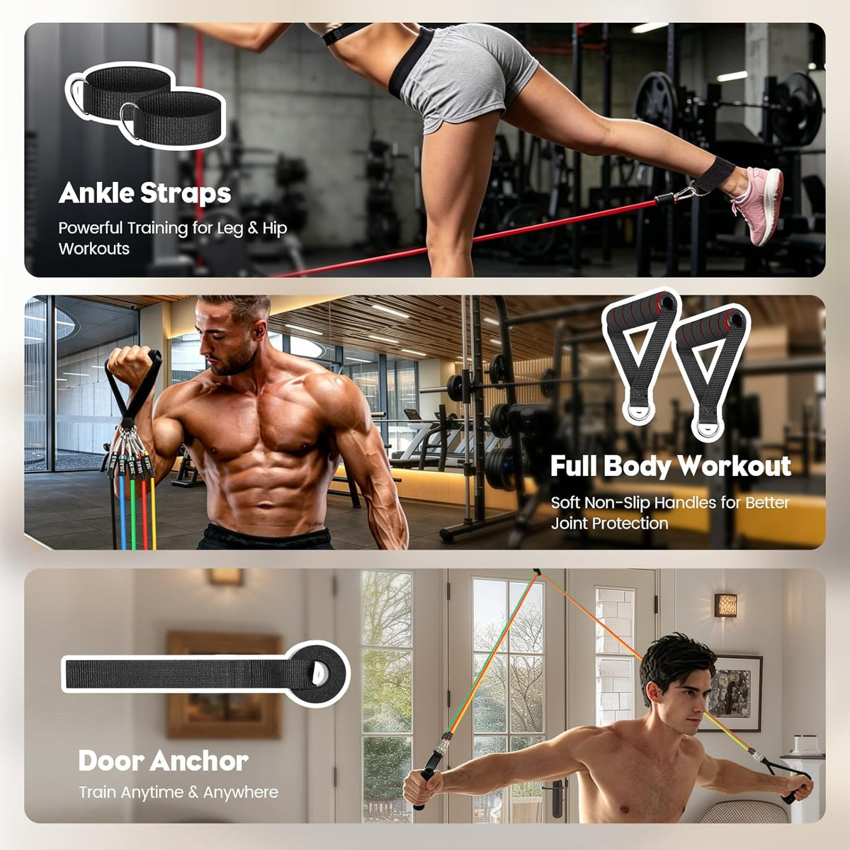 Resistance Bands Set, Exercise Bands Strength Training Fitness Bands Workout Elastic Bands with Legs Ankle Straps, Door Anchor, Handles & Carry Bag for Home Outdoor Workouts