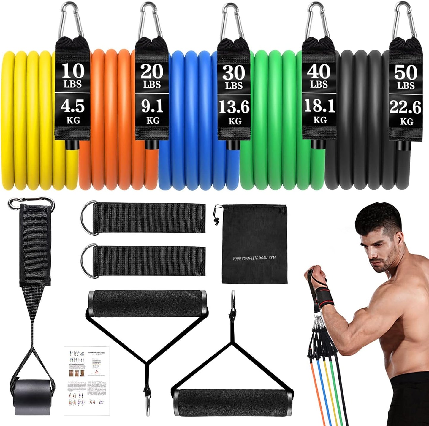 Resistance Bands Set, Exercise Bands Strength Training Fitness Bands Workout Elastic Bands with Legs Ankle Straps, Door Anchor, Handles & Carry Bag for Home Outdoor Workouts