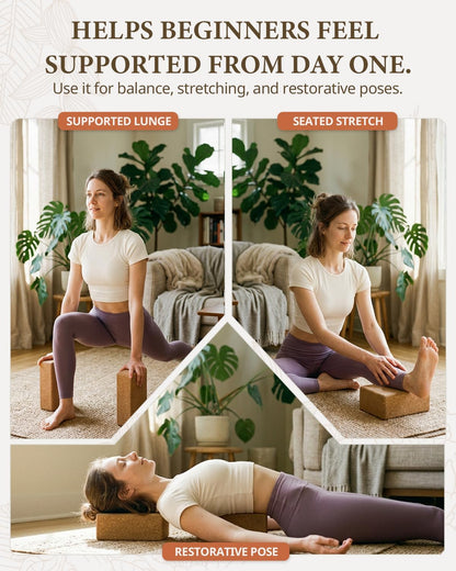 Cork Yoga Blocks, 2 Pack Yoga Blocks Natural Cork, High Density Yoga Block with Non Slip Surface, Eco-Friendly Yoga Accessories for Women, Ideal for Yoga, Pilates, Stretching