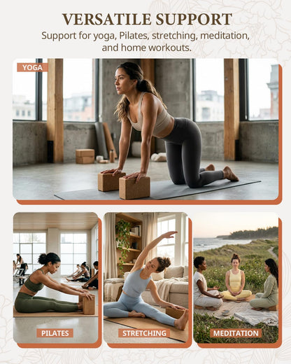 Cork Yoga Blocks, 2 Pack Yoga Blocks Natural Cork, High Density Yoga Block with Non Slip Surface, Eco-Friendly Yoga Accessories for Women, Ideal for Yoga, Pilates, Stretching