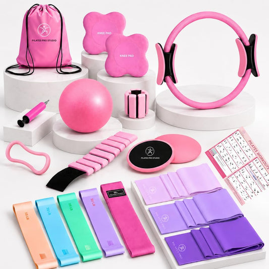 Pilates Kit for Home Workouts, 20-in-1 Pilates Equipment Set with 14.5" Pilates Ring, Pilates Ball, Resistance Bands, Ankle Weights, Exercise Sliders, Yoga Ring & Knee Pads for Joint Protection