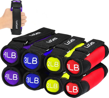 Soft Hand Weights - Adjustable Neoprene Dumbbells (1LB, 2LB, 3LB, 4LB) - Red, Yellow, Blue, Purple - Velcro Straps - Weight Training, Walking, Jogging, Aerobics, Yoga