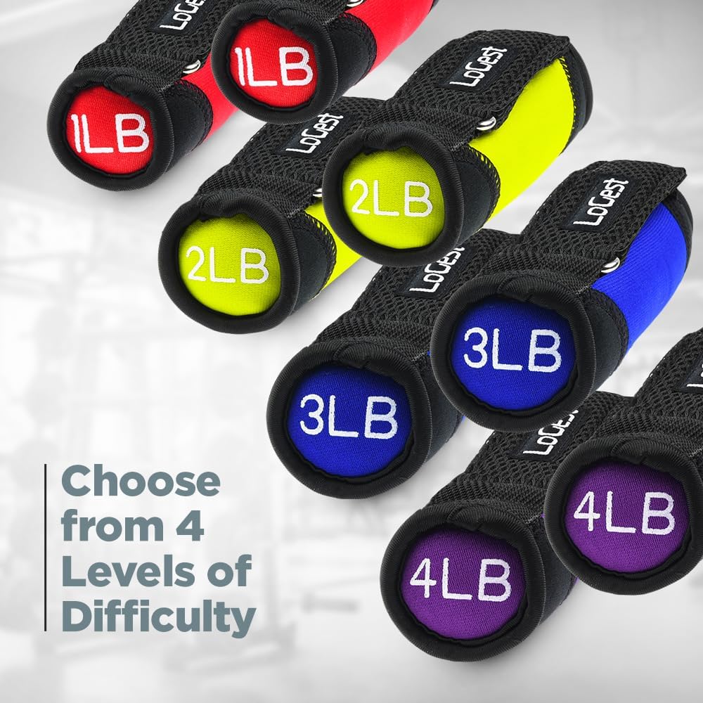 Soft Hand Weights - Adjustable Neoprene Dumbbells (1LB, 2LB, 3LB, 4LB) - Red, Yellow, Blue, Purple - Velcro Straps - Weight Training, Walking, Jogging, Aerobics, Yoga