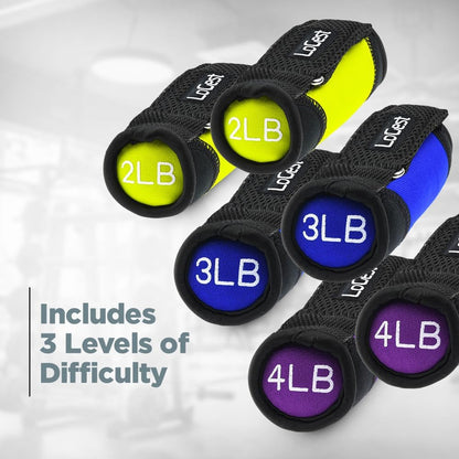 Soft Hand Weights - Adjustable Neoprene Dumbbells (1LB, 2LB, 3LB, 4LB) - Red, Yellow, Blue, Purple - Velcro Straps - Weight Training, Walking, Jogging, Aerobics, Yoga