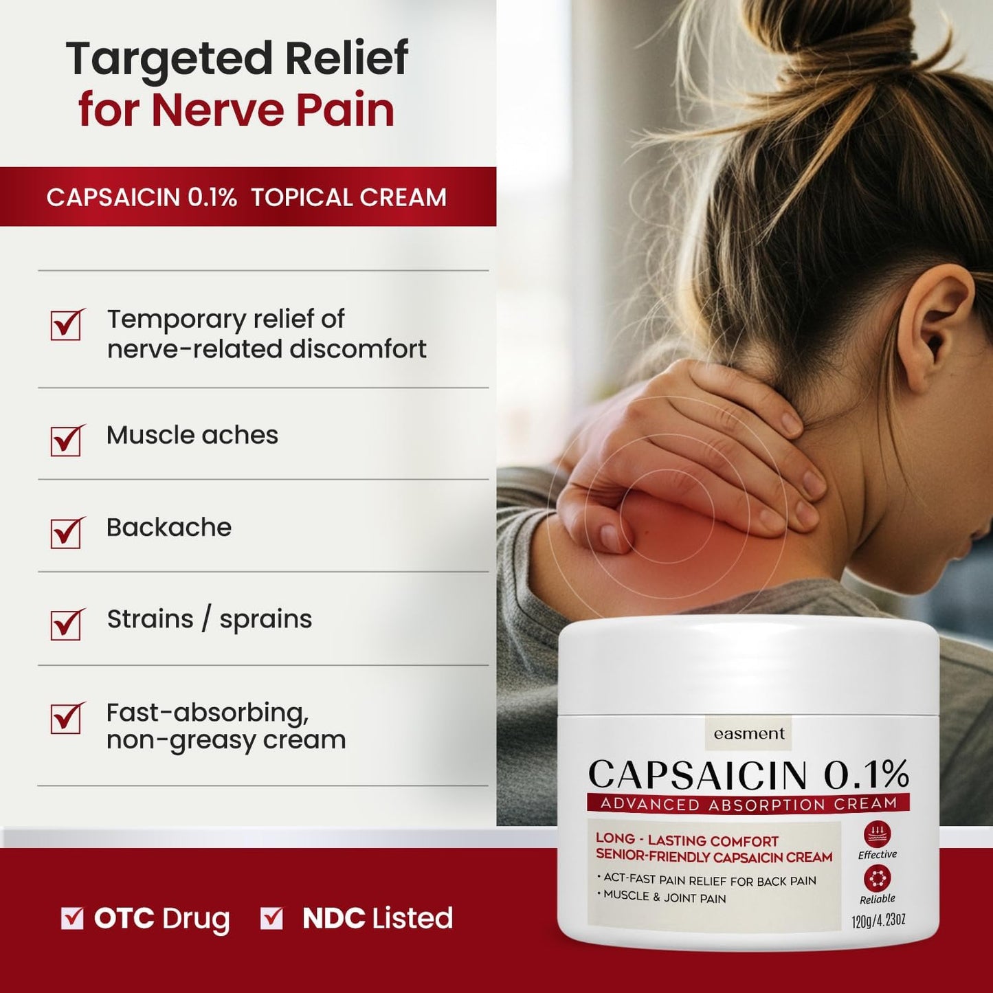 Capsaicin Pain Relief Cream – Topical & Muscle Pain Relief for Joint, Nerve & Back Pain – Medicated Pain Cream with Capsaicin 0.1% – Arnica, Aloe & Chamomile, 4.23 Fl Oz