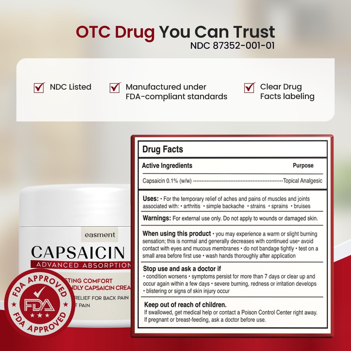 Capsaicin Pain Relief Cream – Topical & Muscle Pain Relief for Joint, Nerve & Back Pain – Medicated Pain Cream with Capsaicin 0.1% – Arnica, Aloe & Chamomile, 4.23 Fl Oz
