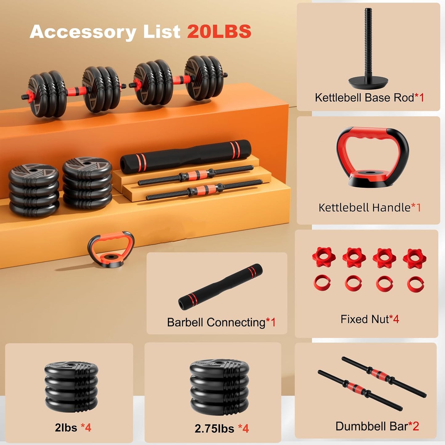 Adjustable Dumbbell Set, 20/30/45/70/90lbs, 5 in 1 Multi-Function Dumbbells | Converts to Barbell Kettlebell&Push up Stand, Free Weight Set for Home Gym Workout, Suitable for Men/Women Strength Training