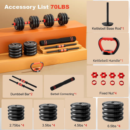 Adjustable Dumbbell Set, 20/30/45/70/90lbs, 5 in 1 Multi-Function Dumbbells | Converts to Barbell Kettlebell&Push up Stand, Free Weight Set for Home Gym Workout, Suitable for Men/Women Strength Training