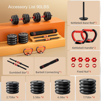 Adjustable Dumbbell Set, 20/30/45/70/90lbs, 5 in 1 Multi-Function Dumbbells | Converts to Barbell Kettlebell&Push up Stand, Free Weight Set for Home Gym Workout, Suitable for Men/Women Strength Training