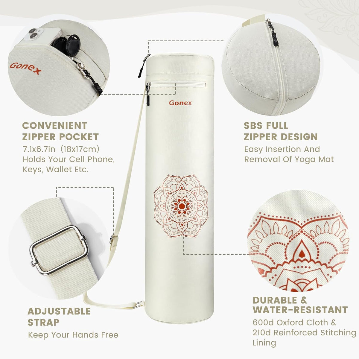 Yoga Mat Bag with Full-Zip Design, Fits Most Mats | 600D Oxford Fabric, Wet Pocket, Front Zip Pocket, Adjustable Strap, Fits Mats up to 26"