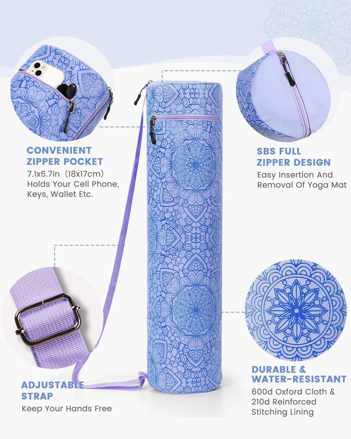 Yoga Mat Bag with Full-Zip Design, Fits Most Mats | 600D Oxford Fabric, Wet Pocket, Front Zip Pocket, Adjustable Strap, Fits Mats up to 26"