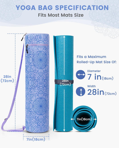 Yoga Mat Bag with Full-Zip Design, Fits Most Mats | 600D Oxford Fabric, Wet Pocket, Front Zip Pocket, Adjustable Strap, Fits Mats up to 26"