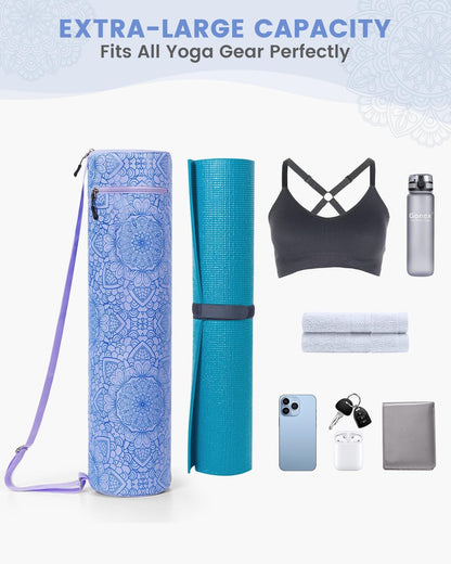 Yoga Mat Bag with Full-Zip Design, Fits Most Mats | 600D Oxford Fabric, Wet Pocket, Front Zip Pocket, Adjustable Strap, Fits Mats up to 26"