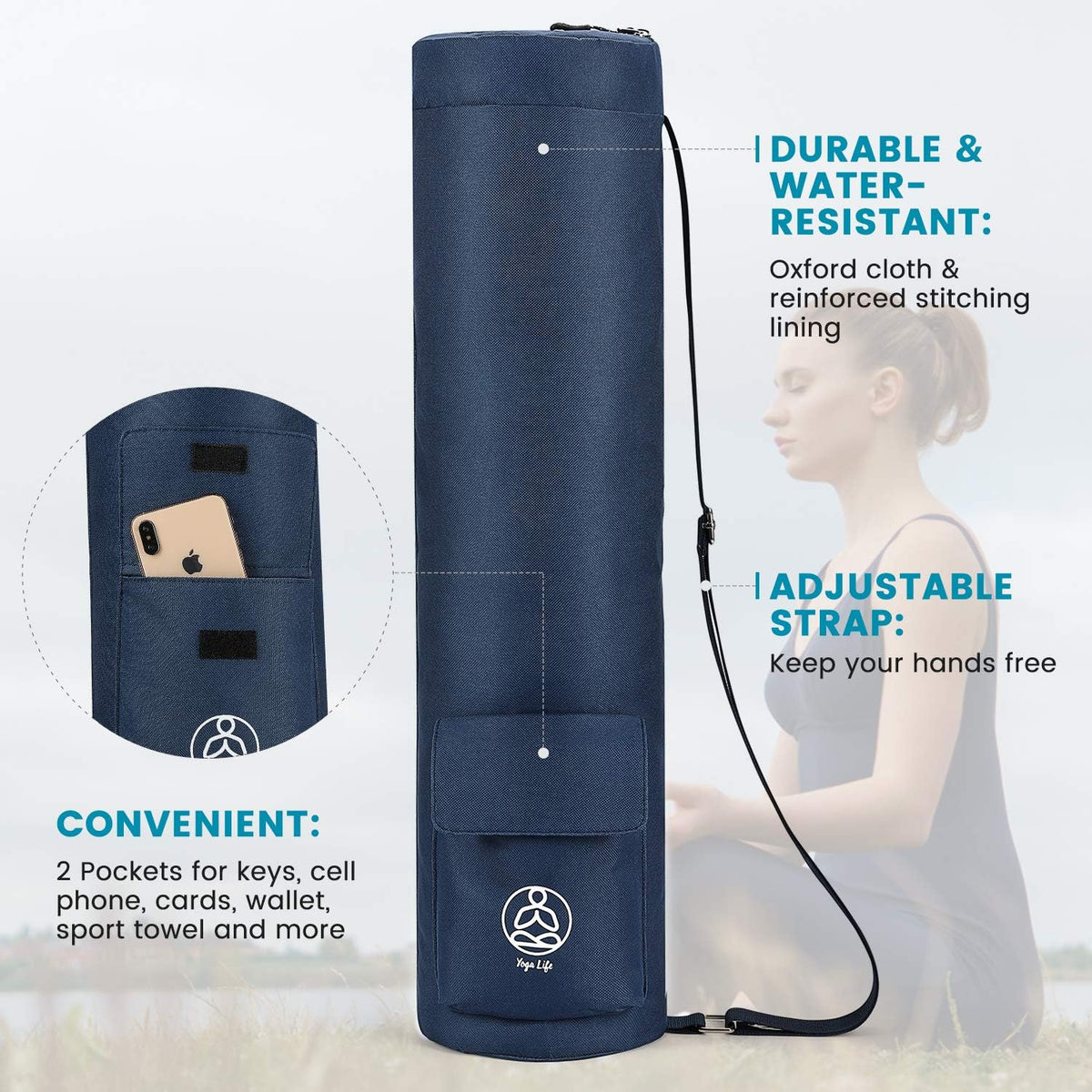 Yoga Mat Bag with Full-Zip Design, Fits Most Mats | 600D Oxford Fabric, Wet Pocket, Front Zip Pocket, Adjustable Strap, Fits Mats up to 26"