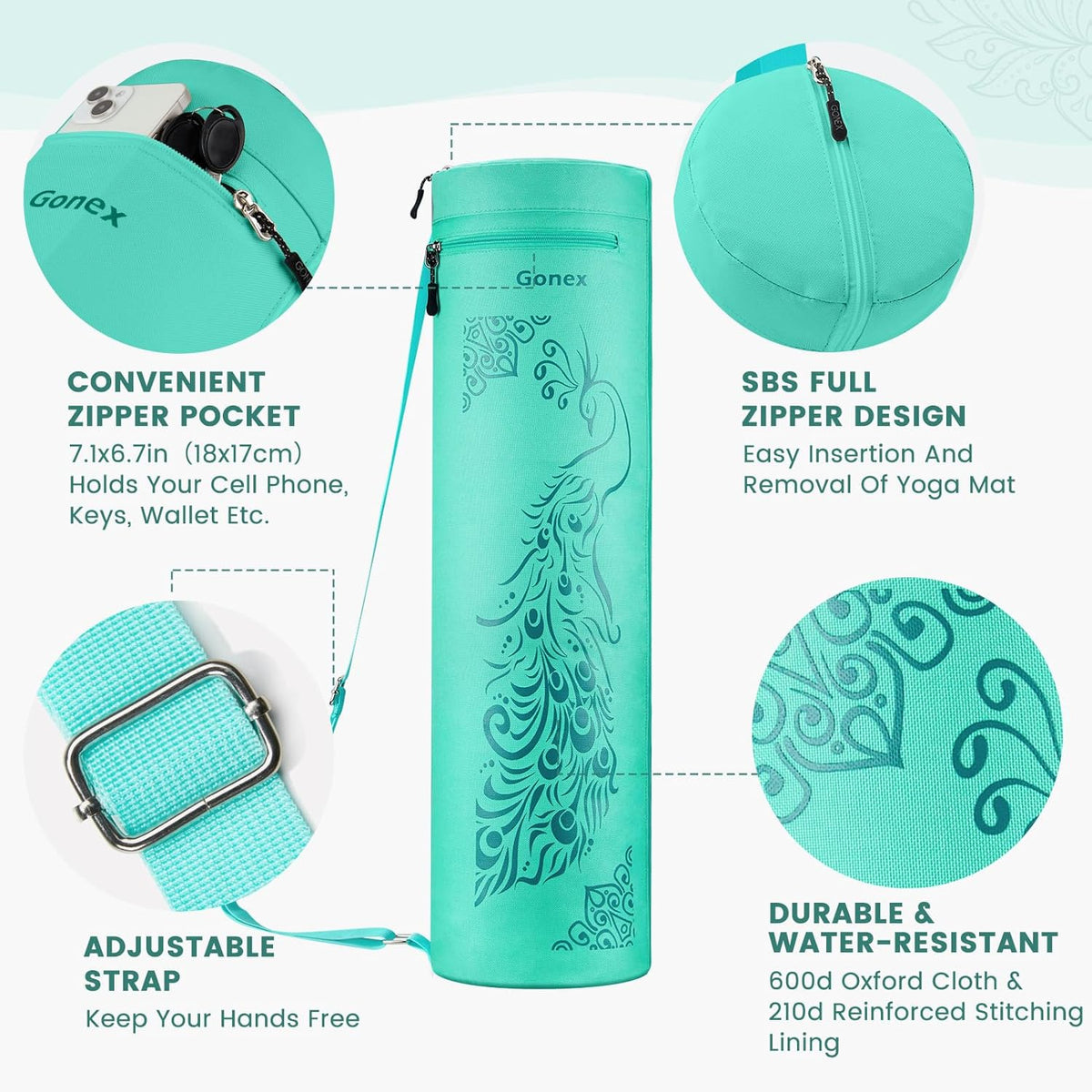 Yoga Mat Bag with Full-Zip Design, Fits Most Mats | 600D Oxford Fabric, Wet Pocket, Front Zip Pocket, Adjustable Strap, Fits Mats up to 26"