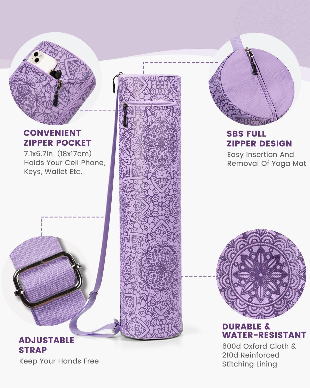 Yoga Mat Bag with Full-Zip Design, Fits Most Mats | 600D Oxford Fabric, Wet Pocket, Front Zip Pocket, Adjustable Strap, Fits Mats up to 26"