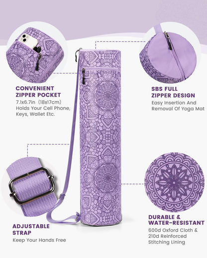 Yoga Mat Bag with Full-Zip Design, Fits Most Mats | 600D Oxford Fabric, Wet Pocket, Front Zip Pocket, Adjustable Strap, Fits Mats up to 26"