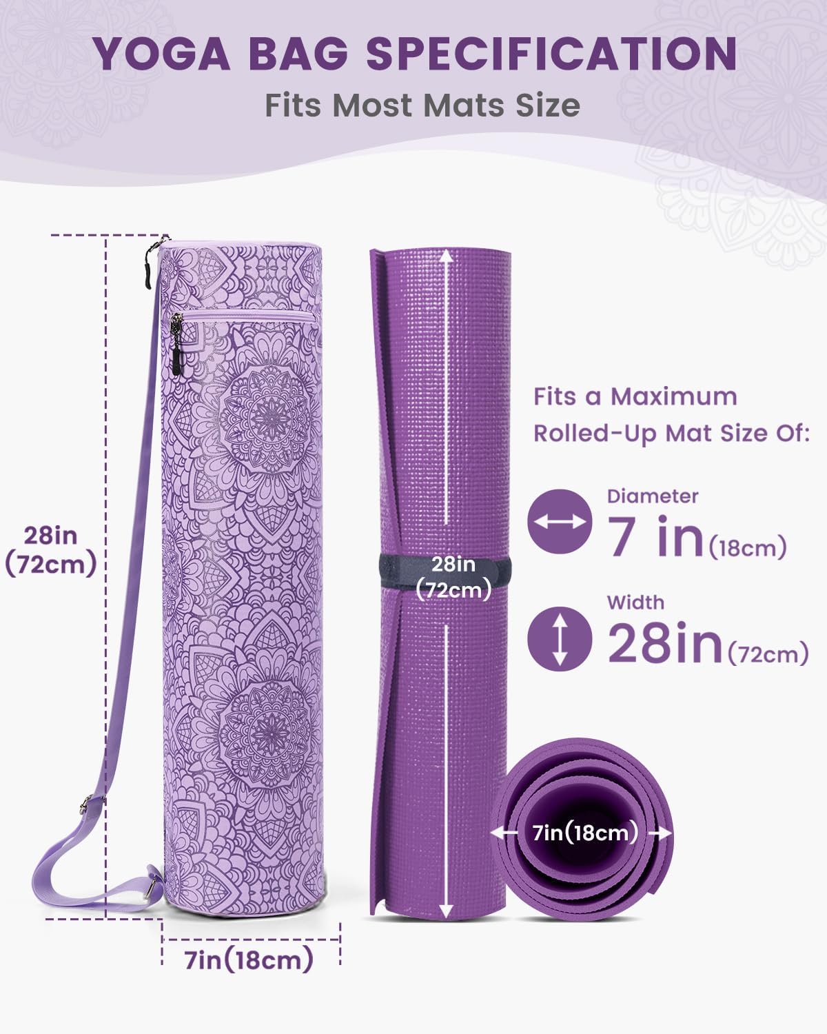 Yoga Mat Bag with Full-Zip Design, Fits Most Mats | 600D Oxford Fabric, Wet Pocket, Front Zip Pocket, Adjustable Strap, Fits Mats up to 26"