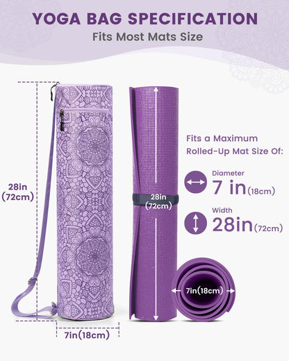 Yoga Mat Bag with Full-Zip Design, Fits Most Mats | 600D Oxford Fabric, Wet Pocket, Front Zip Pocket, Adjustable Strap, Fits Mats up to 26"