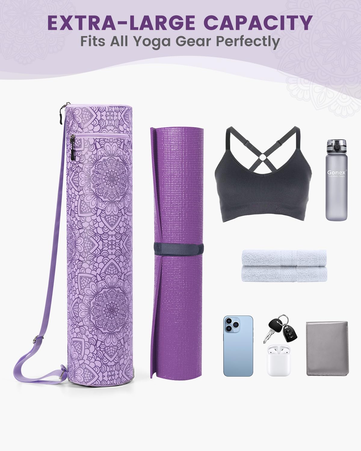Yoga Mat Bag with Full-Zip Design, Fits Most Mats | 600D Oxford Fabric, Wet Pocket, Front Zip Pocket, Adjustable Strap, Fits Mats up to 26"