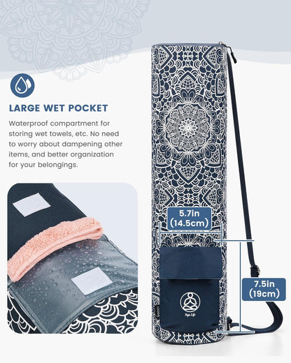 Yoga Mat Bag with Full-Zip Design, Fits Most Mats | 600D Oxford Fabric, Wet Pocket, Front Zip Pocket, Adjustable Strap, Fits Mats up to 26"