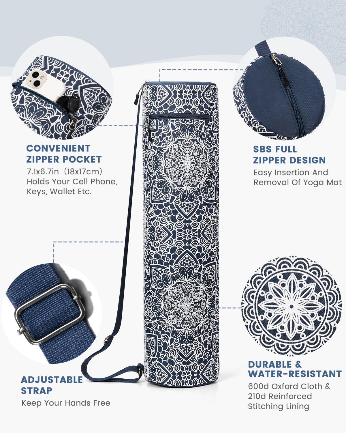 Yoga Mat Bag with Full-Zip Design, Fits Most Mats | 600D Oxford Fabric, Wet Pocket, Front Zip Pocket, Adjustable Strap, Fits Mats up to 26"