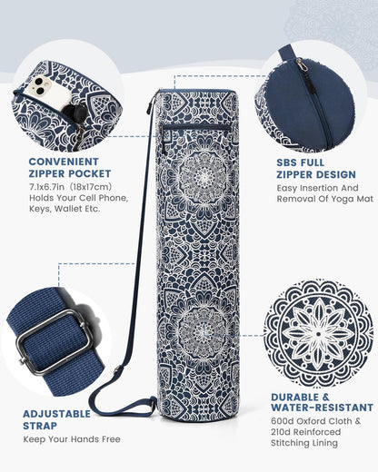 Yoga Mat Bag with Full-Zip Design, Fits Most Mats | 600D Oxford Fabric, Wet Pocket, Front Zip Pocket, Adjustable Strap, Fits Mats up to 26"