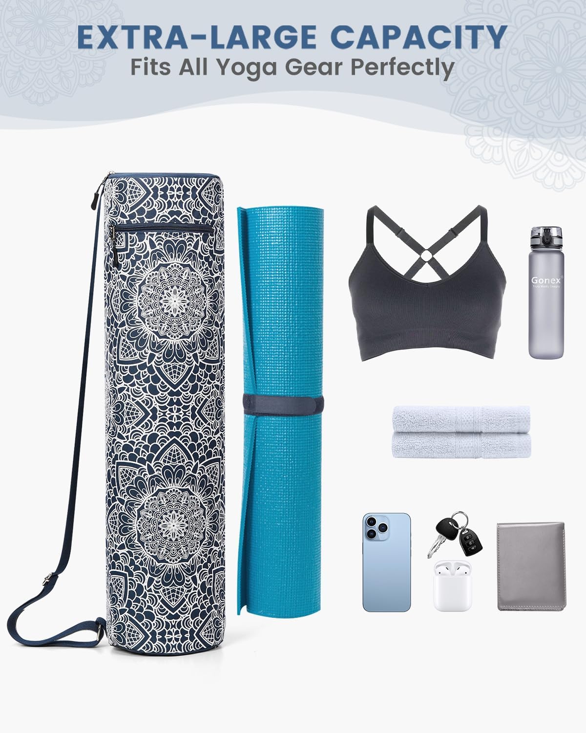 Yoga Mat Bag with Full-Zip Design, Fits Most Mats | 600D Oxford Fabric, Wet Pocket, Front Zip Pocket, Adjustable Strap, Fits Mats up to 26"