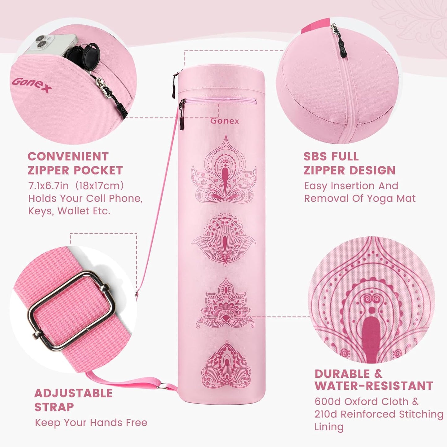Yoga Mat Bag with Full-Zip Design, Fits Most Mats | 600D Oxford Fabric, Wet Pocket, Front Zip Pocket, Adjustable Strap, Fits Mats up to 26"