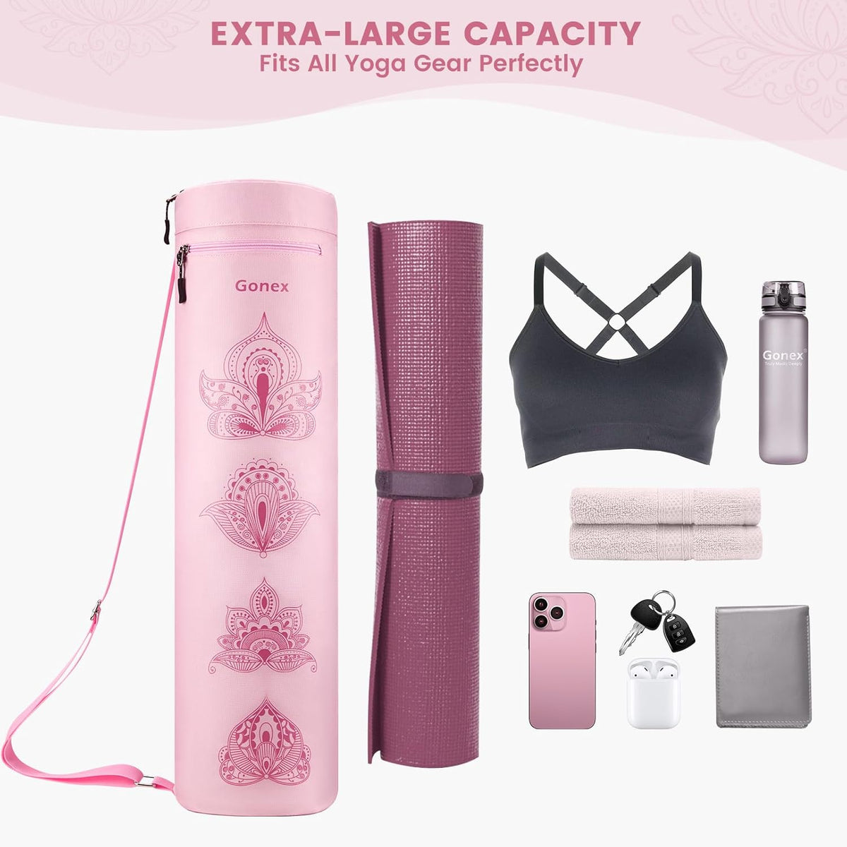 Yoga Mat Bag with Full-Zip Design, Fits Most Mats | 600D Oxford Fabric, Wet Pocket, Front Zip Pocket, Adjustable Strap, Fits Mats up to 26"