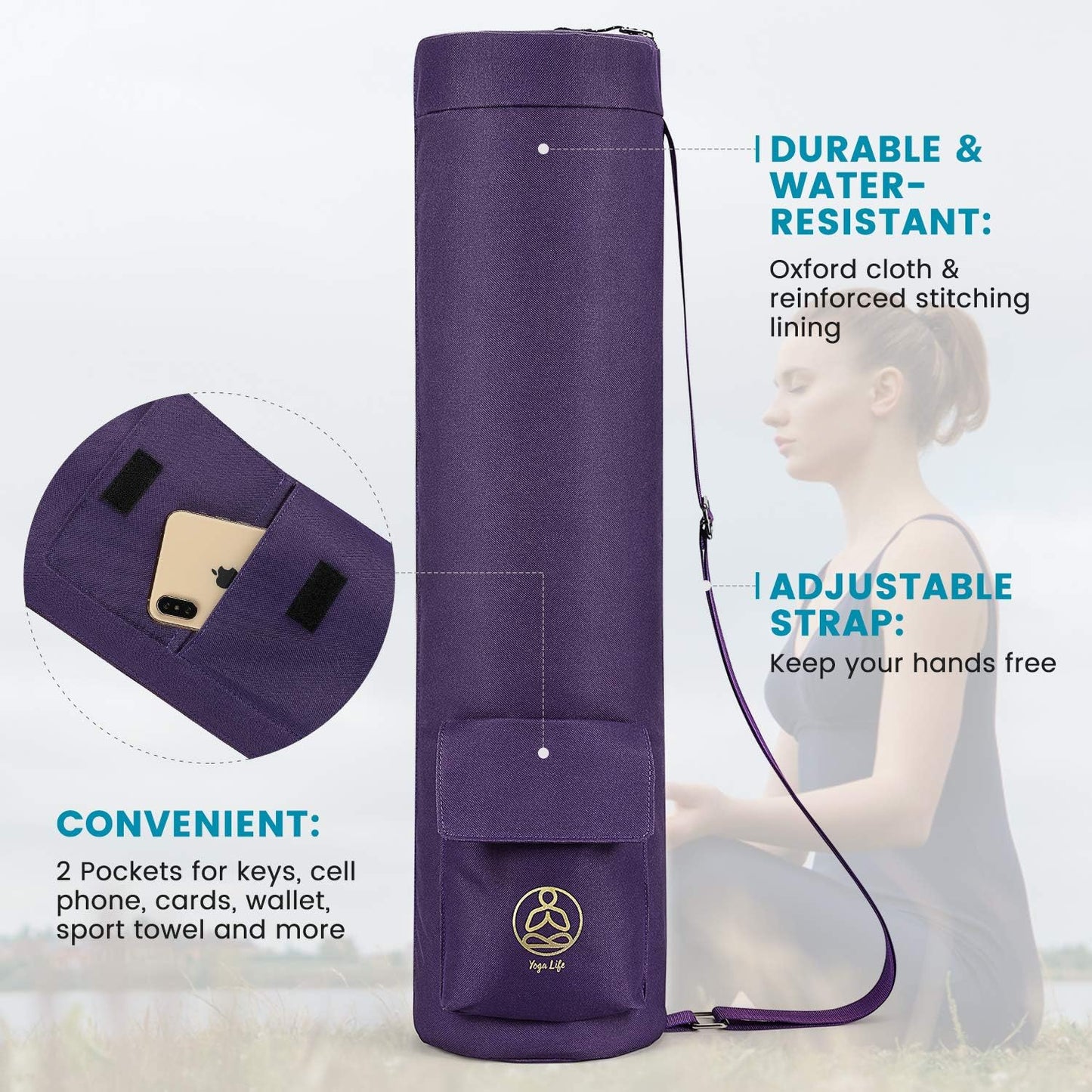 Yoga Mat Bag with Full-Zip Design, Fits Most Mats | 600D Oxford Fabric, Wet Pocket, Front Zip Pocket, Adjustable Strap, Fits Mats up to 26"