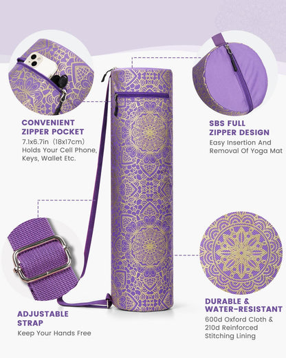 Yoga Mat Bag with Full-Zip Design, Fits Most Mats | 600D Oxford Fabric, Wet Pocket, Front Zip Pocket, Adjustable Strap, Fits Mats up to 26"