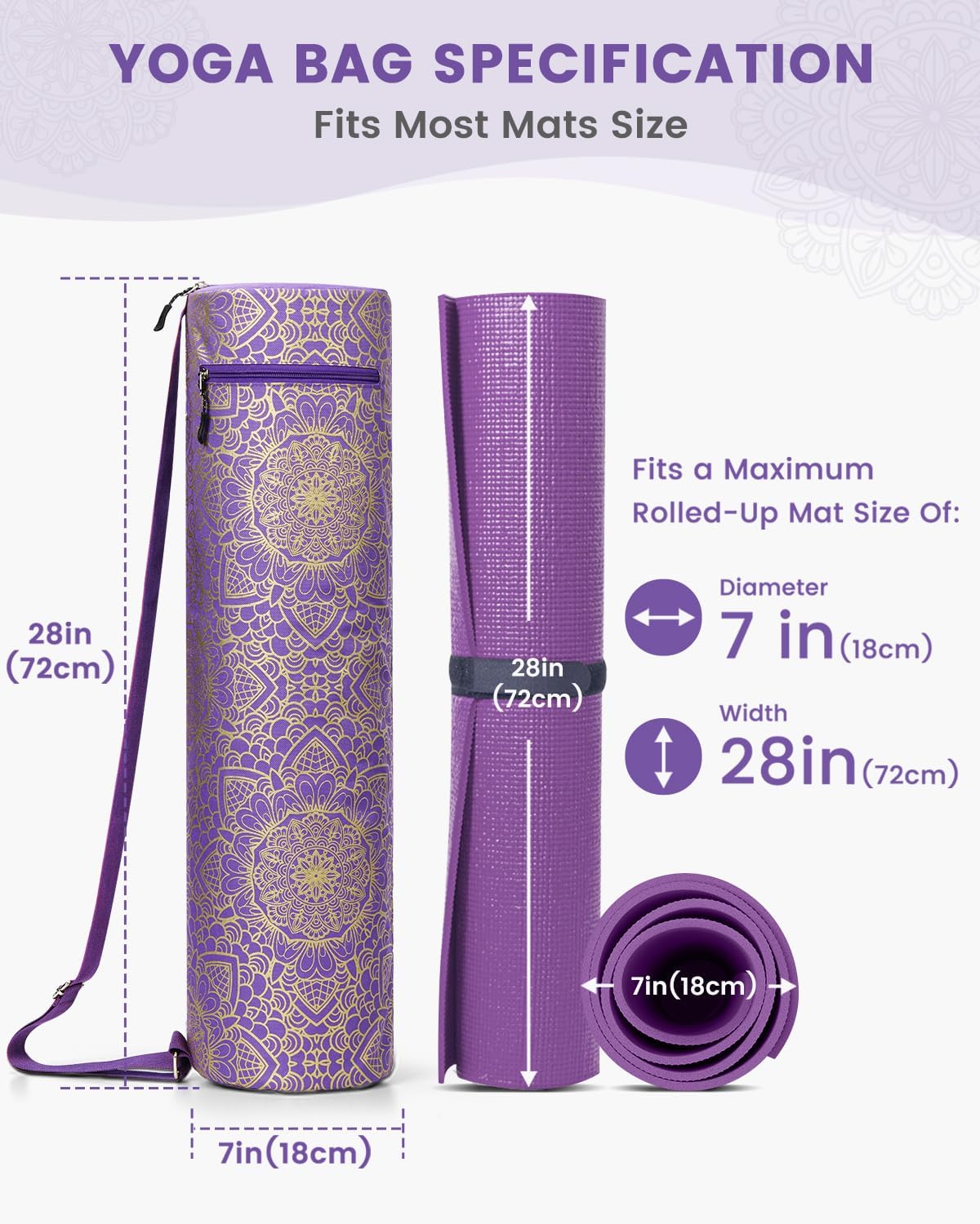 Yoga Mat Bag with Full-Zip Design, Fits Most Mats | 600D Oxford Fabric, Wet Pocket, Front Zip Pocket, Adjustable Strap, Fits Mats up to 26"