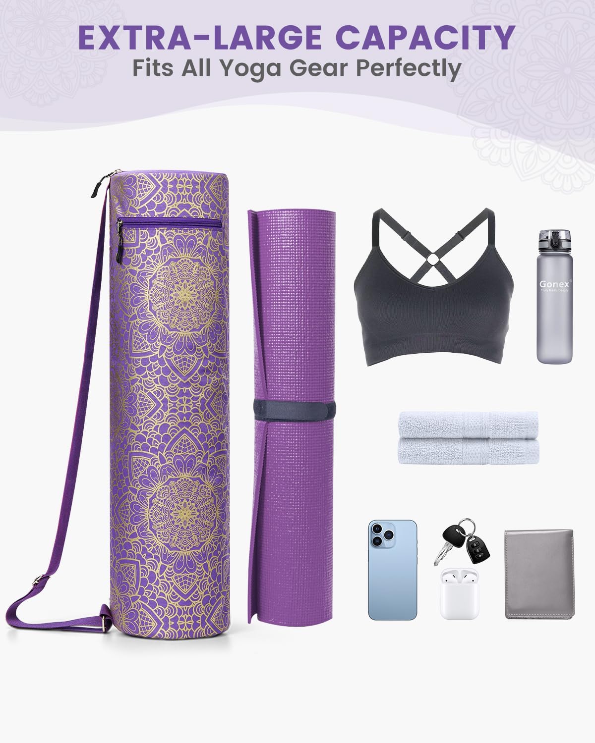 Yoga Mat Bag with Full-Zip Design, Fits Most Mats | 600D Oxford Fabric, Wet Pocket, Front Zip Pocket, Adjustable Strap, Fits Mats up to 26"
