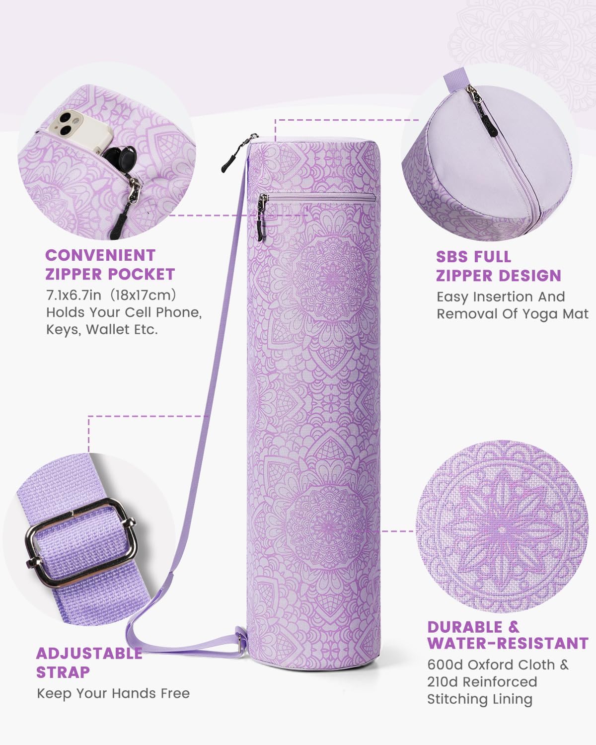 Yoga Mat Bag with Full-Zip Design, Fits Most Mats | 600D Oxford Fabric, Wet Pocket, Front Zip Pocket, Adjustable Strap, Fits Mats up to 26"