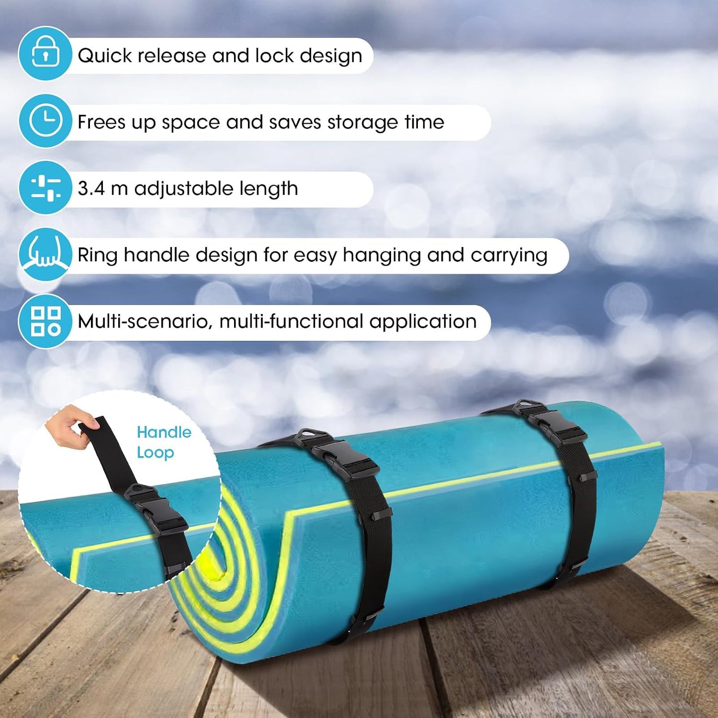 Multifunctional Floating Mat Straps With Quick Release Buckles, Suitable For Baby Pads, Yoga, And Water Activities, Reusable Fastening Strap With Pull Handle Design - 2pack