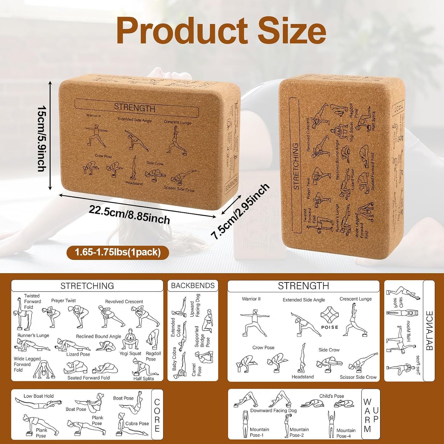 2 Pack Cork Yoga Blocks, Yoga Poses Teaching Cork Blocks for Beginners & Experts, Eco-Friendly High Density Non-Slip Fitness Block for Better Support, Balance & Comfort (9 x 6 x 3 Inches)