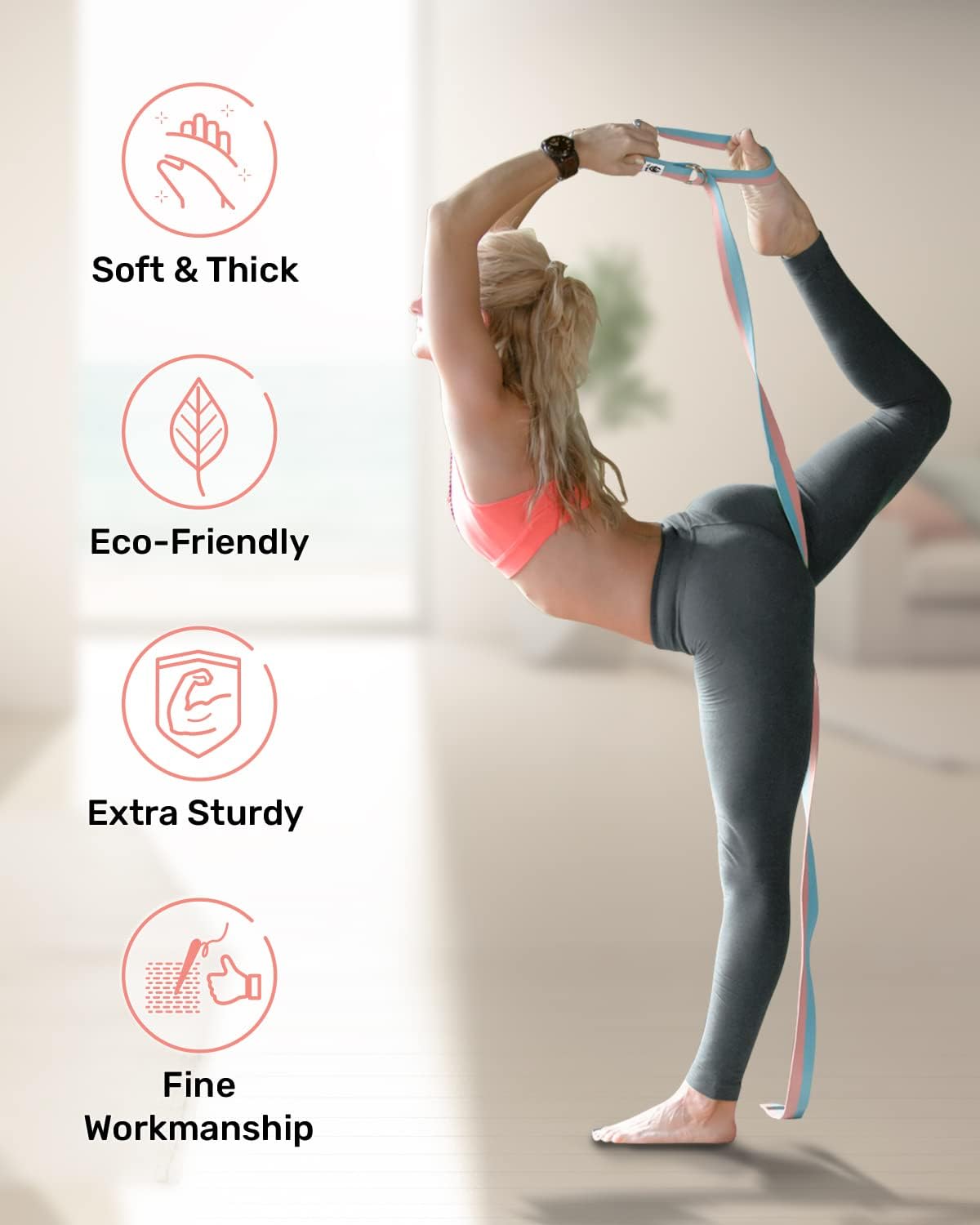 Yoga Strap for Stretching with Adjustable D-Ring, 6/8/10 ft | Adjustable D-Ring | Soft Cotton Blend | 15+ Colors | Non-Elastic Yoga Belt for Pilates Stretching & Physical Therapy