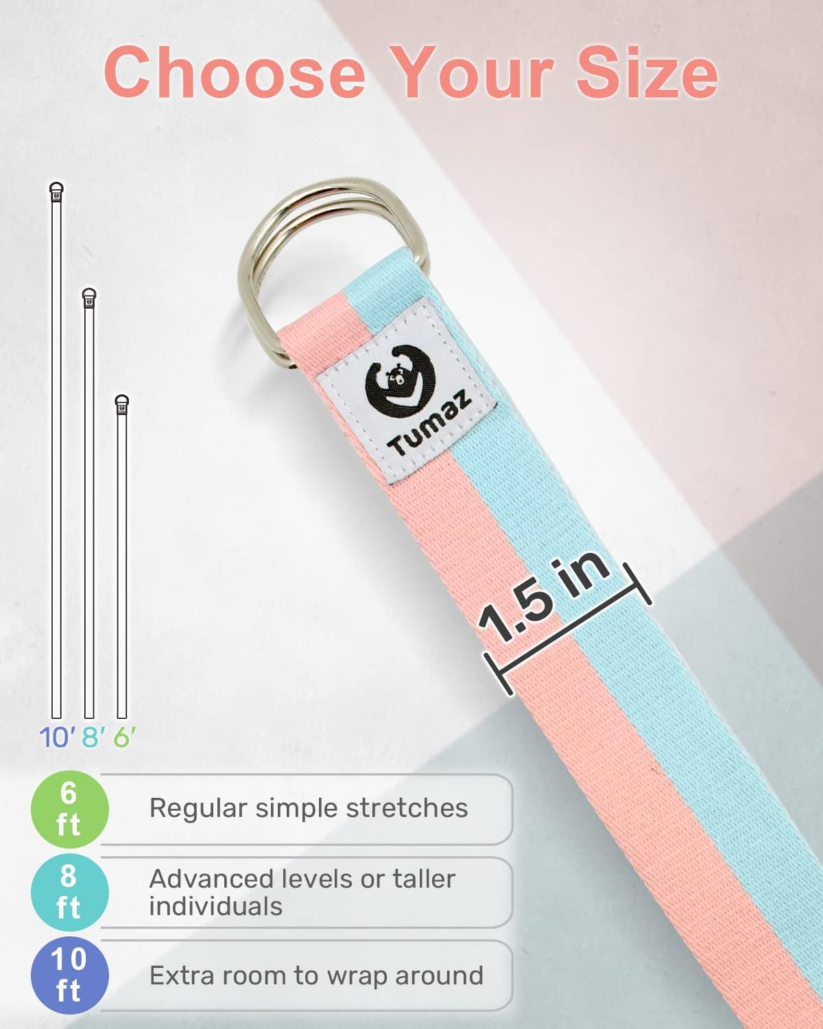Yoga Strap for Stretching with Adjustable D-Ring, 6/8/10 ft | Adjustable D-Ring | Soft Cotton Blend | 15+ Colors | Non-Elastic Yoga Belt for Pilates Stretching & Physical Therapy