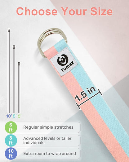 Yoga Strap for Stretching with Adjustable D-Ring, 6/8/10 ft | Adjustable D-Ring | Soft Cotton Blend | 15+ Colors | Non-Elastic Yoga Belt for Pilates Stretching & Physical Therapy